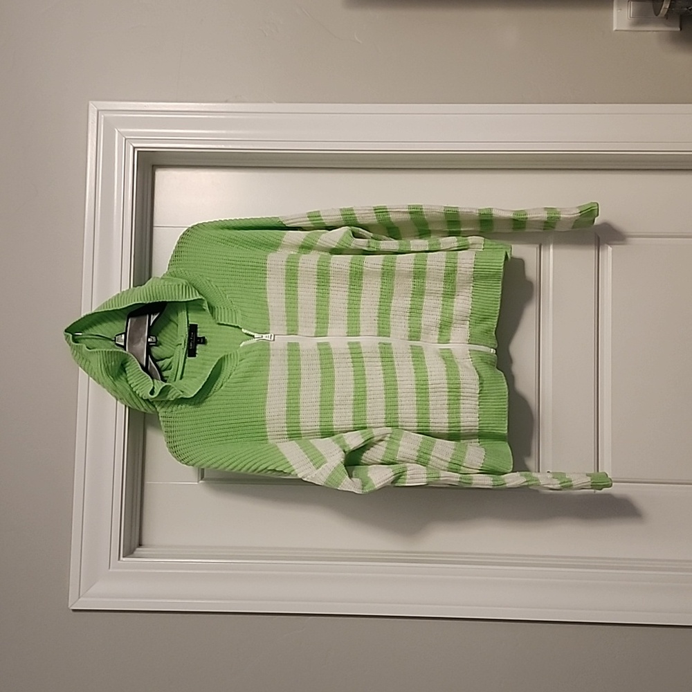 Green and white striped cardigan sweater.